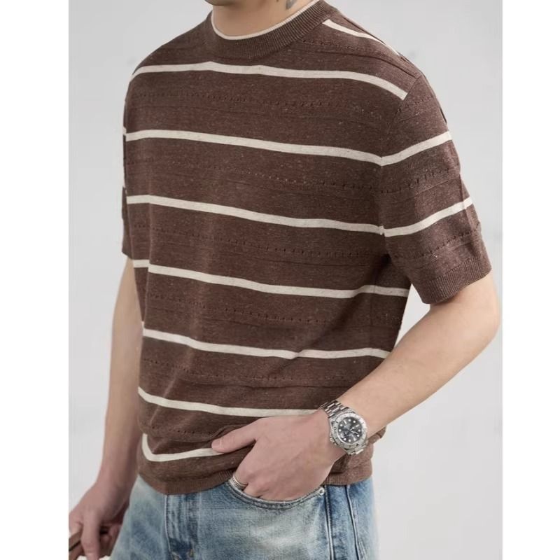 Linen Shirt Breathable - Italian Style Linen Stripe Knitted Short