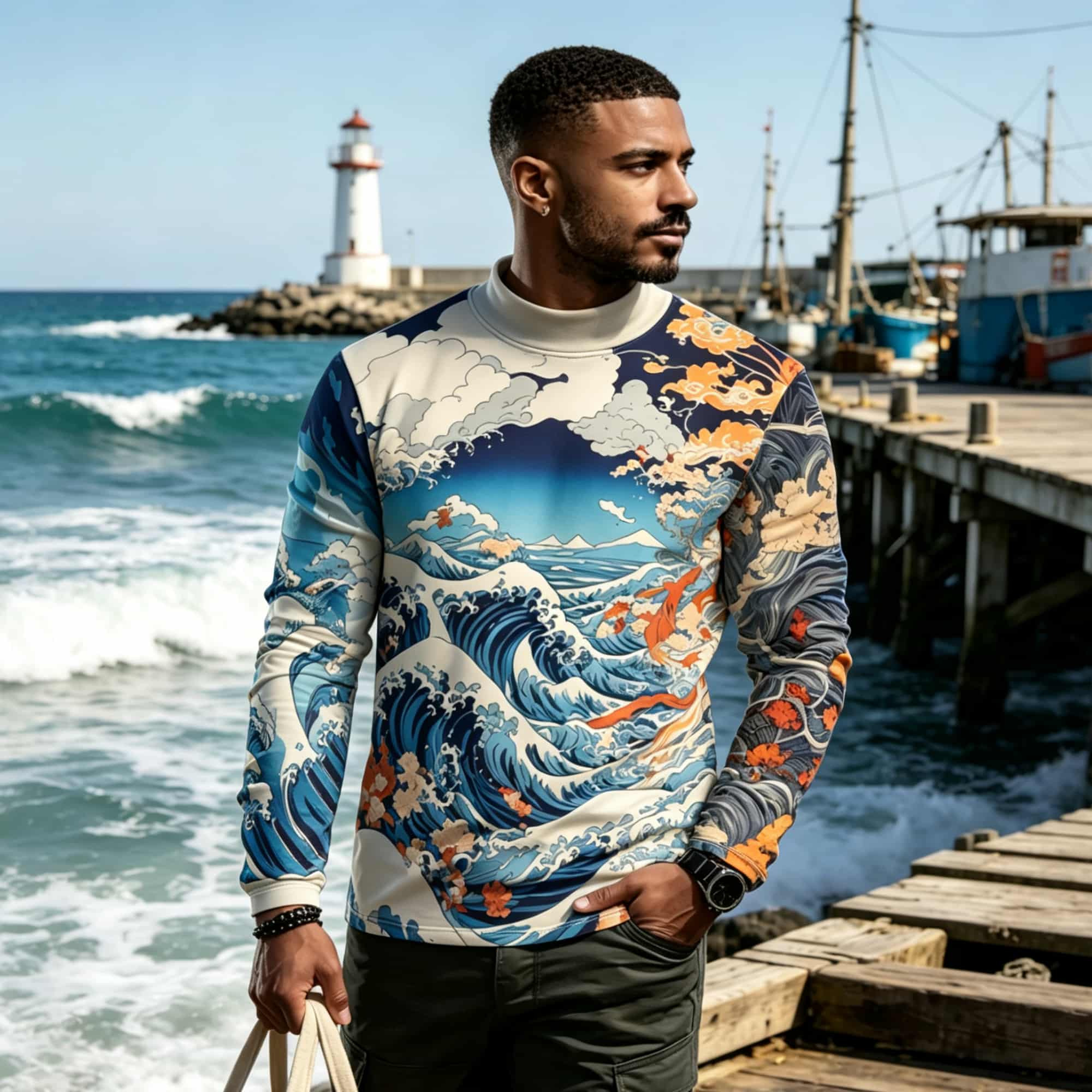 Tee Graphic Print - Japanese Ukiyo-e Wave Graphic Long Sleeve