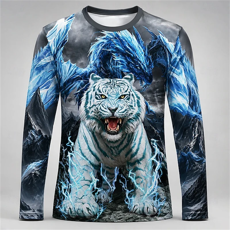 Men Blue White Tiger Dragon Pr - огляд і ціна Tee Graphic Print